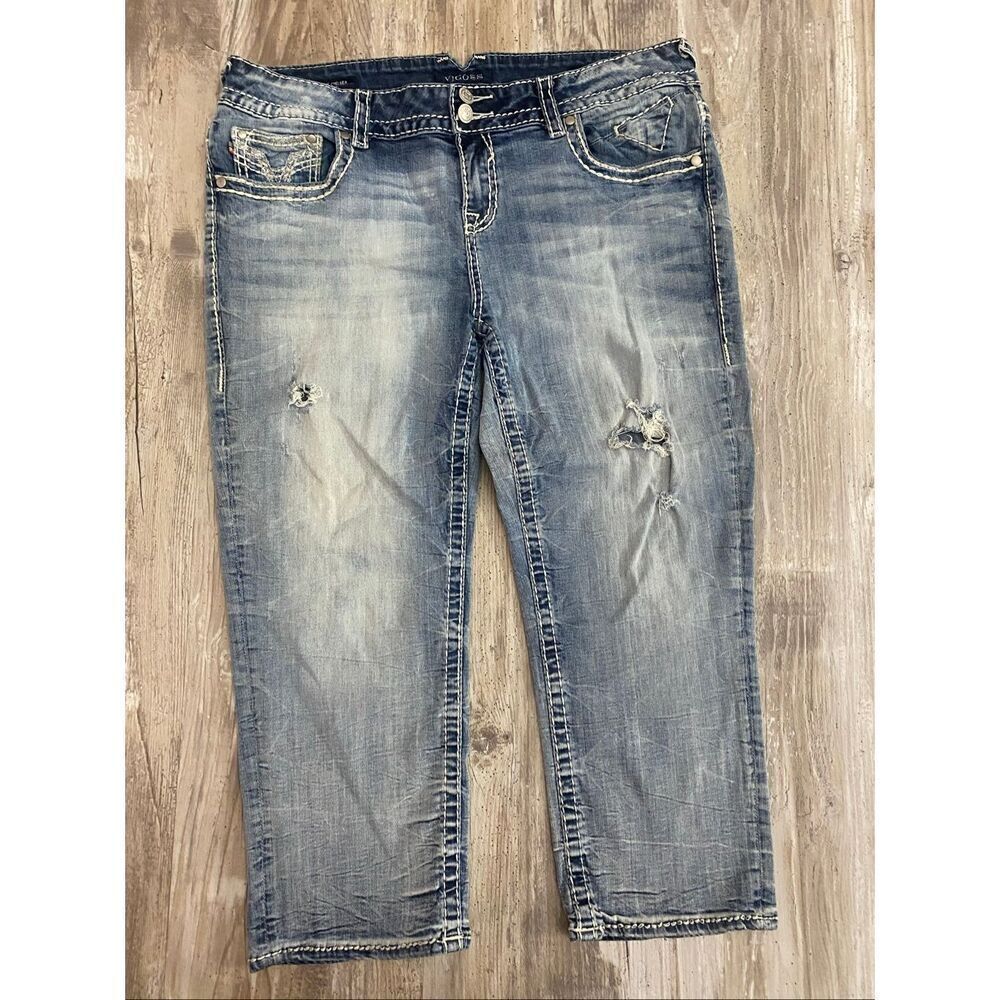 Vigoss Chelsea Capri Jeans Distressed Rhinestones Light Wash Women’s Sz 15/16